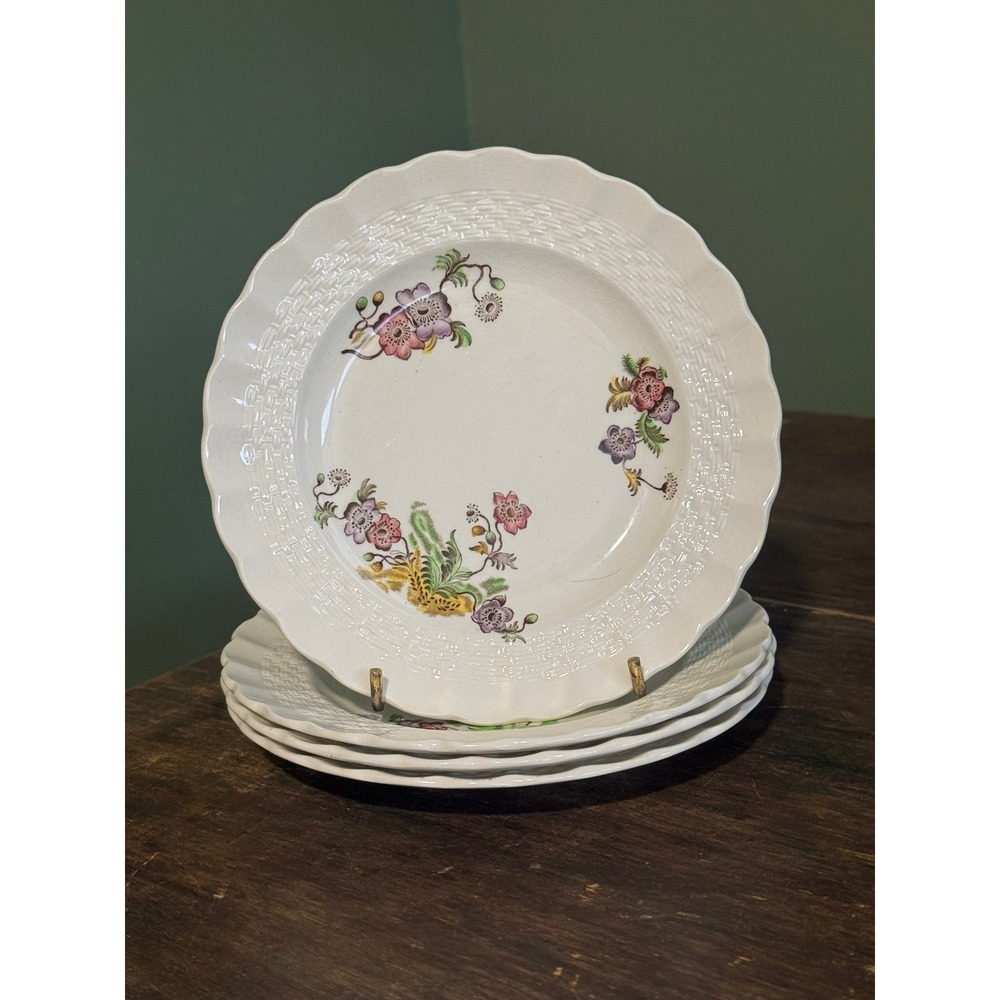 Four Copeland Spode Wicker‎ Lane Floral Basketweave Scalloped Bread Plates